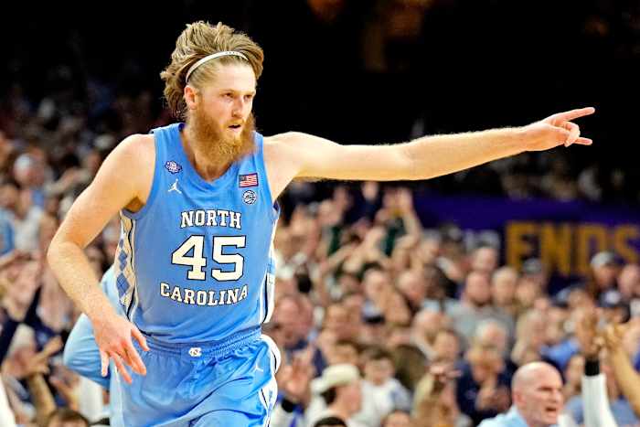 Apr 2, 2022; New Orleans, LA, USA; North Carolina Tar Heels forward Brady Manek (45) reacts after a play during the second half against the Duke Blue Devils in the 2022 NCAA men's basketball tournament Final Four semifinals at Caesars Superdome. Mandatory Credit: Robert Deutsch-USA TODAY Sports